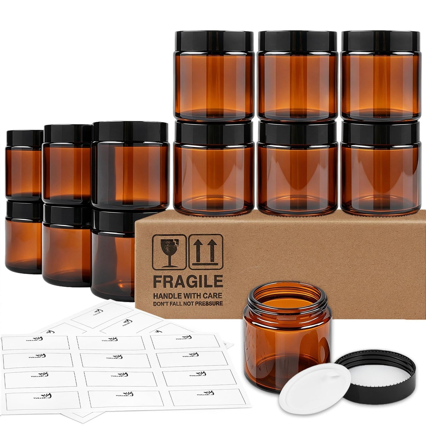4 Oz Glass Jars with Lids, 12 Pack Thick Amber Glass Jar with Inner Lid and Black Lid, Leakproof Round Airtight Empty Cosmetic Containers for Lotion Cream Body Butter and Candle Making
