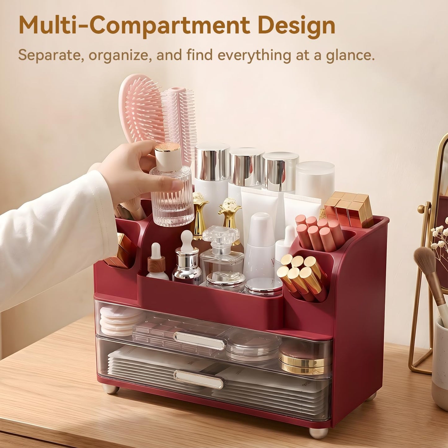 Brothersbox Makeup Organizer for Vanity with 2 Large Drawers and 6 Brush Holders, Large Bathroom Countertop Cosmetic Storage for Skincare, Lipstick, Nail Polish, Perfume, Gift for Women, Red
