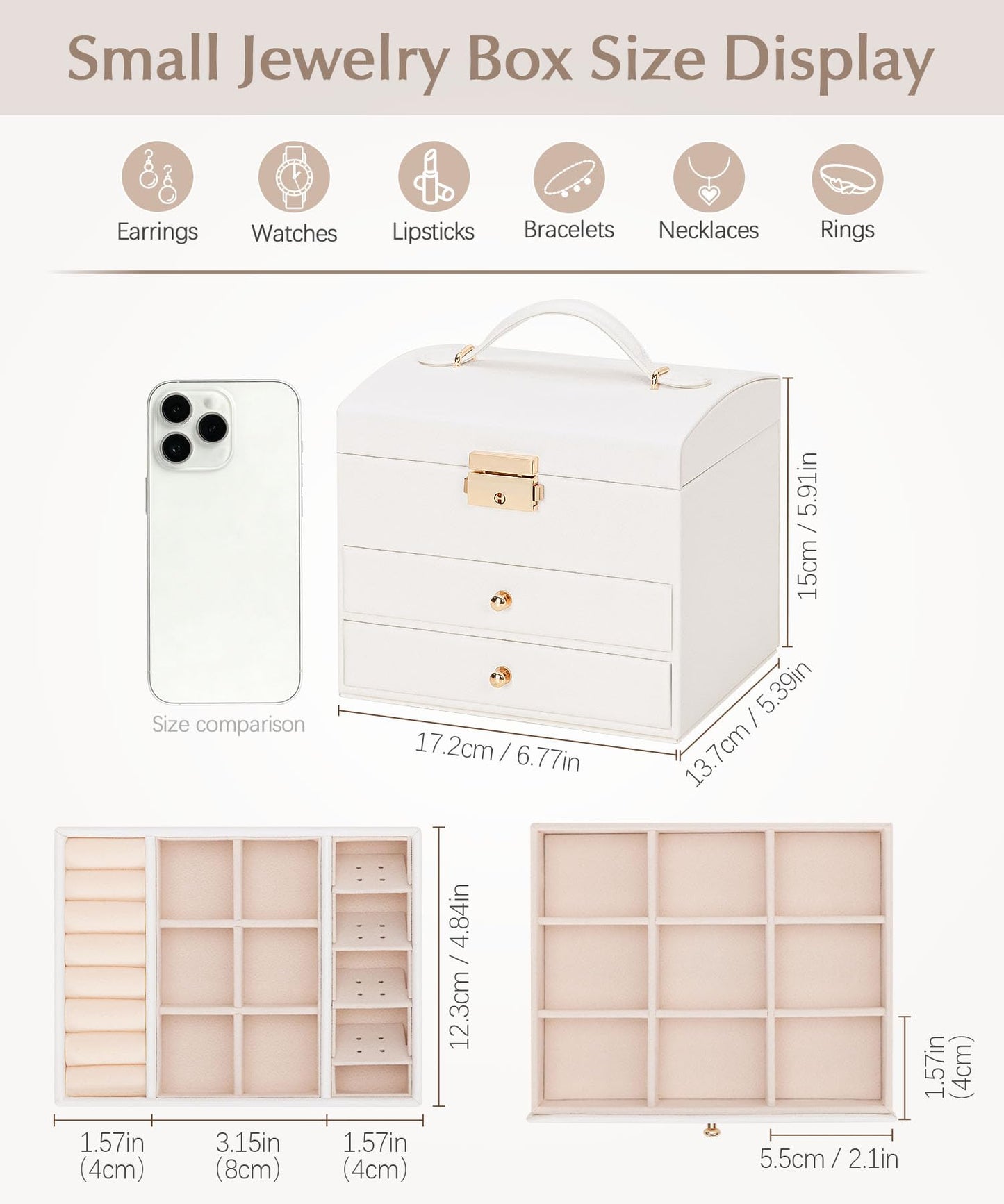 Homde Small Girls Jewelry Box, Cloud White, 3 Layer with Lock