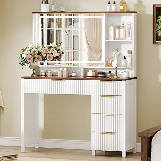 Arulvmrn 43" Large Vanity Desk with 30" HD Lighted Mirror,Modern Vanity Desk with Mirror and Lights, Makeup Vanity with 5 Drawers and Storage Shelves and Charging Station, White2300