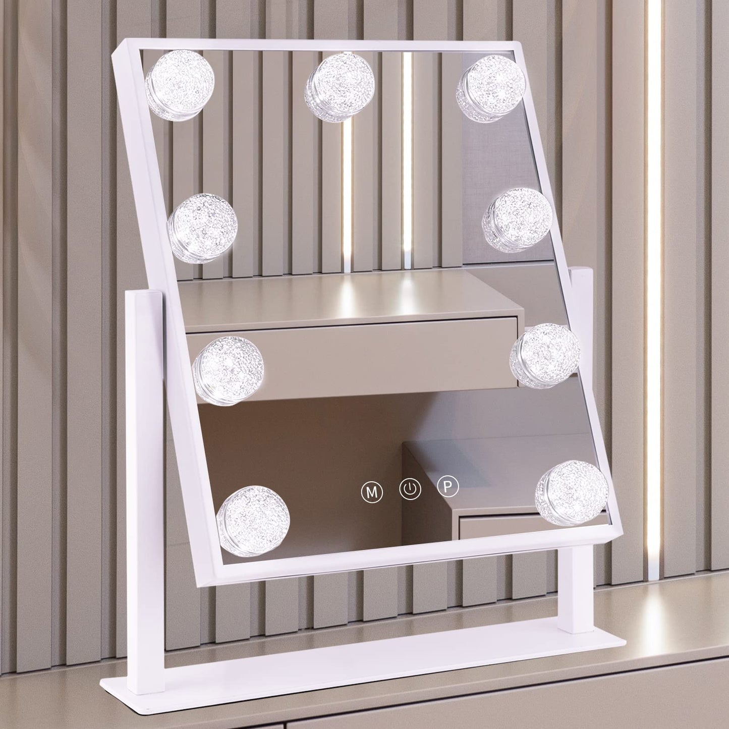BWLLNI Vanity Mirror with Lights, Hollywood Lighted Makeup Mirror with 3 Color Modes and 9 Dimmable Diamond LED Light Bulbs, Detachable 10X Magnification, 360° Rotation, Touch Control, White