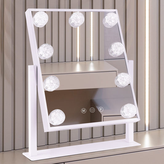 BWLLNI Vanity Mirror with Lights, Hollywood Lighted Makeup Mirror with 3 Color Modes and 9 Dimmable Diamond LED Light Bulbs, Detachable 10X Magnification, 360° Rotation, Touch Control, White