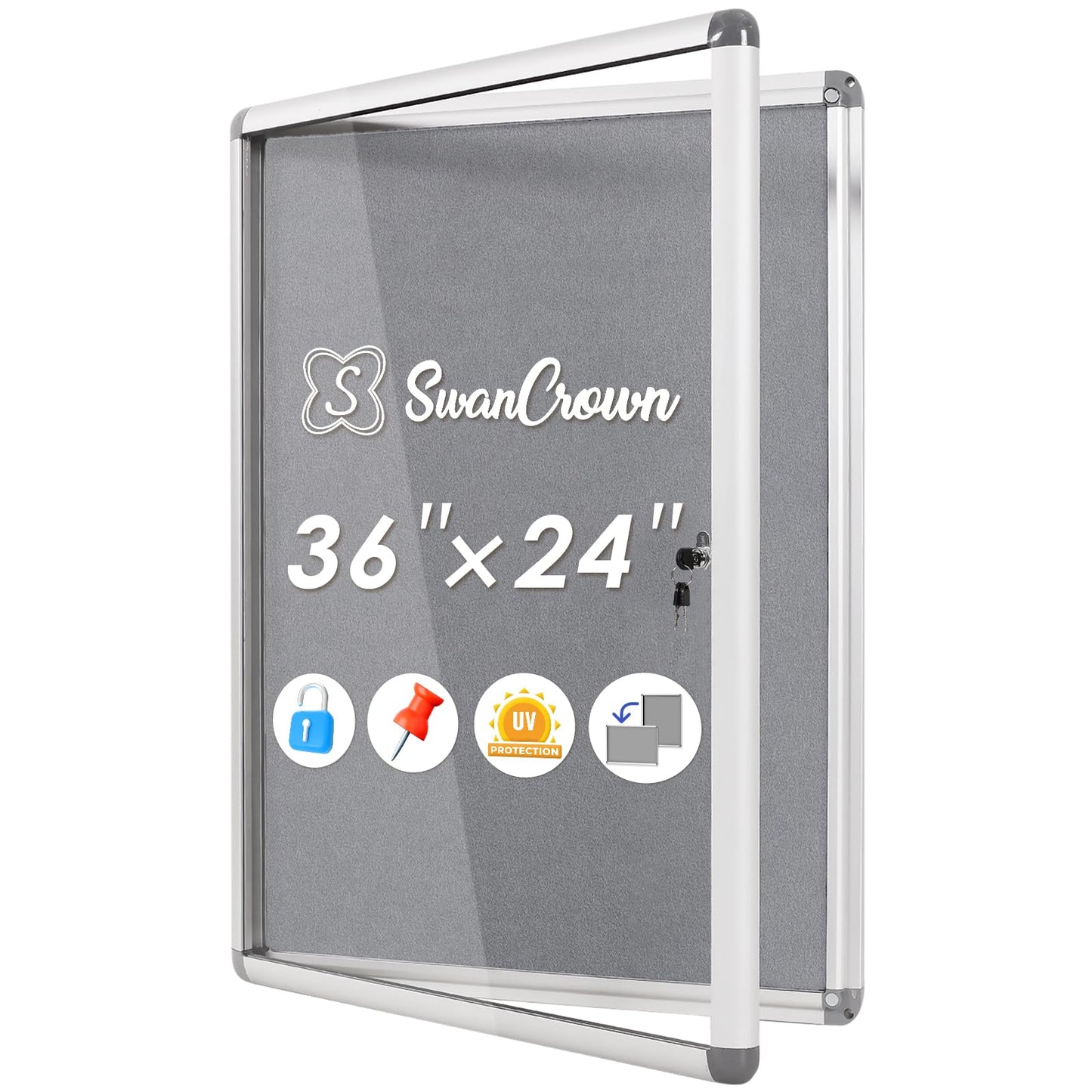 SWANCROWN Enclosed Bulletin Board 36x24 in, Tamperproof Lockable Grey Felt Board Wall Display Case for Office School Home, Aluminum Frame