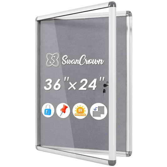 SWANCROWN Enclosed Bulletin Board 36x24 in, Tamperproof Lockable Grey Felt Board Wall Display Case for Office School Home, Aluminum Frame