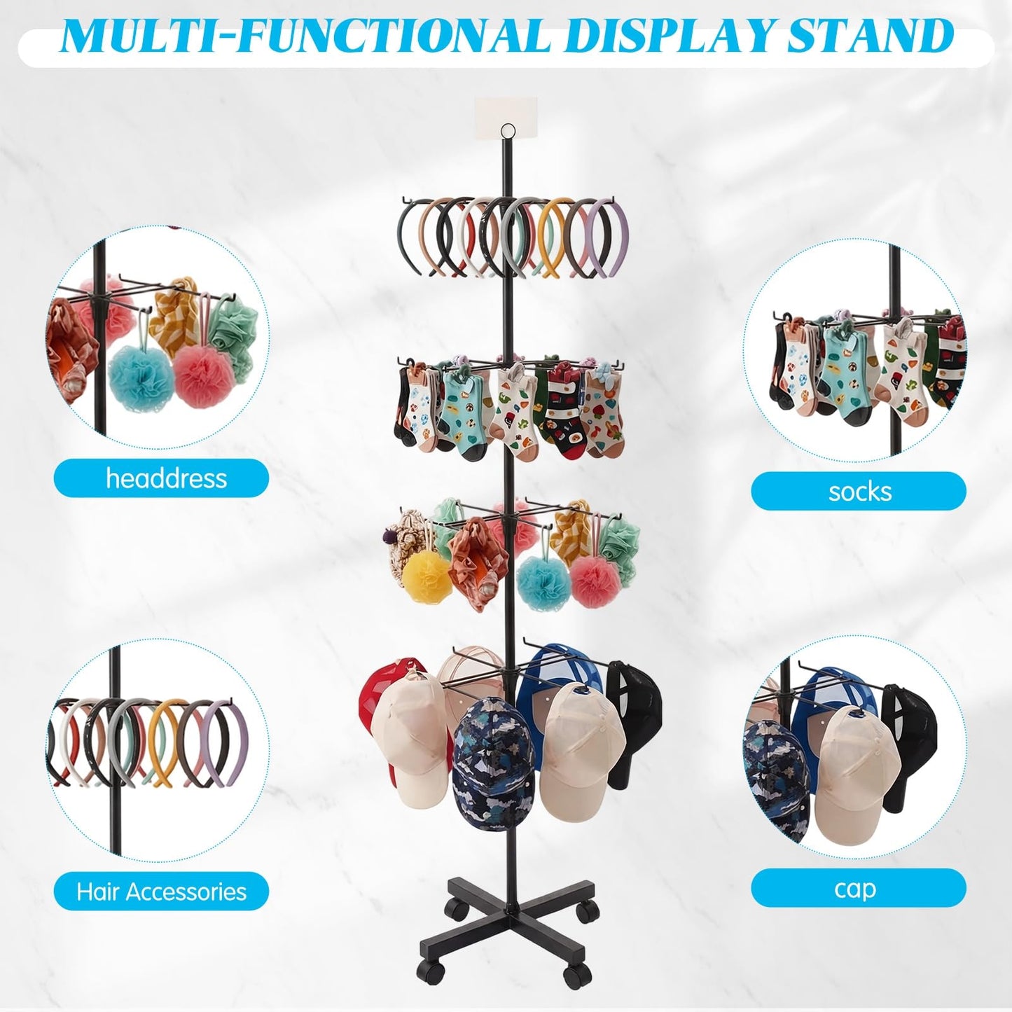 Ripeng 1 Pcs 4-Tier Rotating Display Stand with Wheels, Adjustable Spinning Display Rack, Movable Shop Spinner for Earrings Keychains Jewelry Craft Shows Vendor Events & Stores, Black