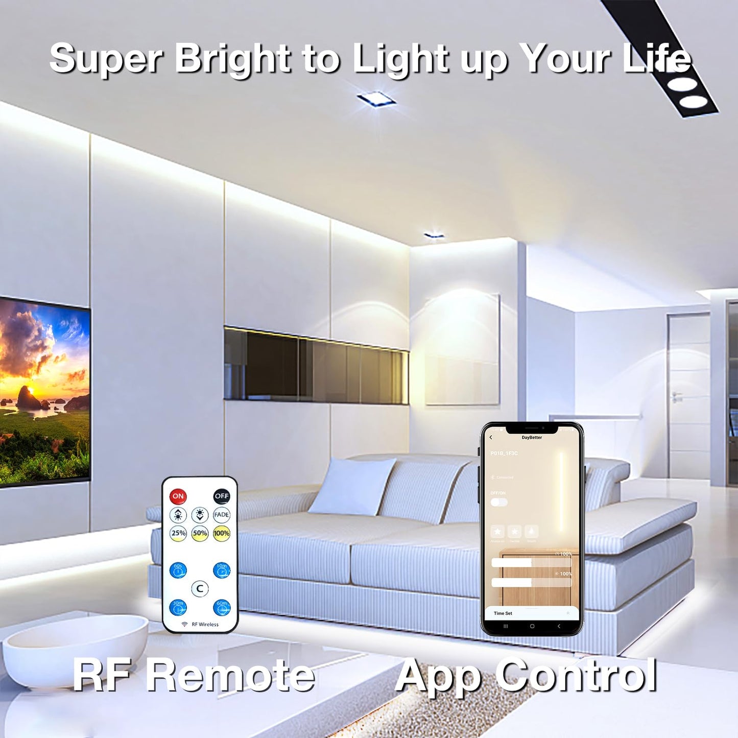 DAYBETTER COB LED Strip Light,LED Lights for Bedroom 16.4ft,Daylight White 6500K Dotless LED Light Strip,1600 LEDs Super Bright Dimmable 24V Flexible Tape Lights with Remote,Kitchen,Cabinets Lighting