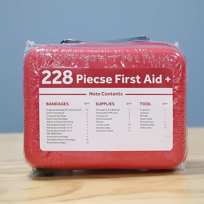 Compact First Aid Kit (228pcs) Designed for Family Emergency Care. Waterproof EVA Case and Bag is Ideal for The Car, Home, Boat, School, Camping, Hiking, Office, Sports. Protect Your Loved Ones. Red