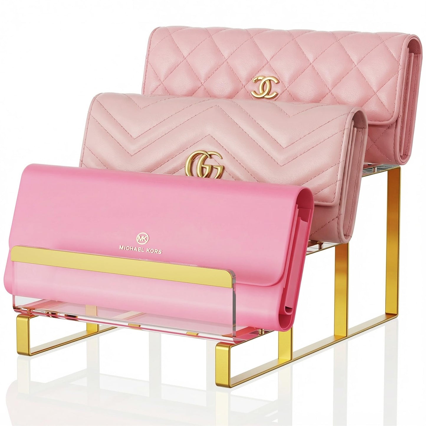 TIPSYTREE 3-Layer Wallet Display Stand, Wide 2.75" Shelves Metal Clutch Holder, Purse Stand for Closet, Boutique Counter, Retail Store Display