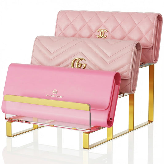 TIPSYTREE 3-Layer Wallet Display Stand, Wide 2.75" Shelves Metal Clutch Holder, Purse Stand for Closet, Boutique Counter, Retail Store Display