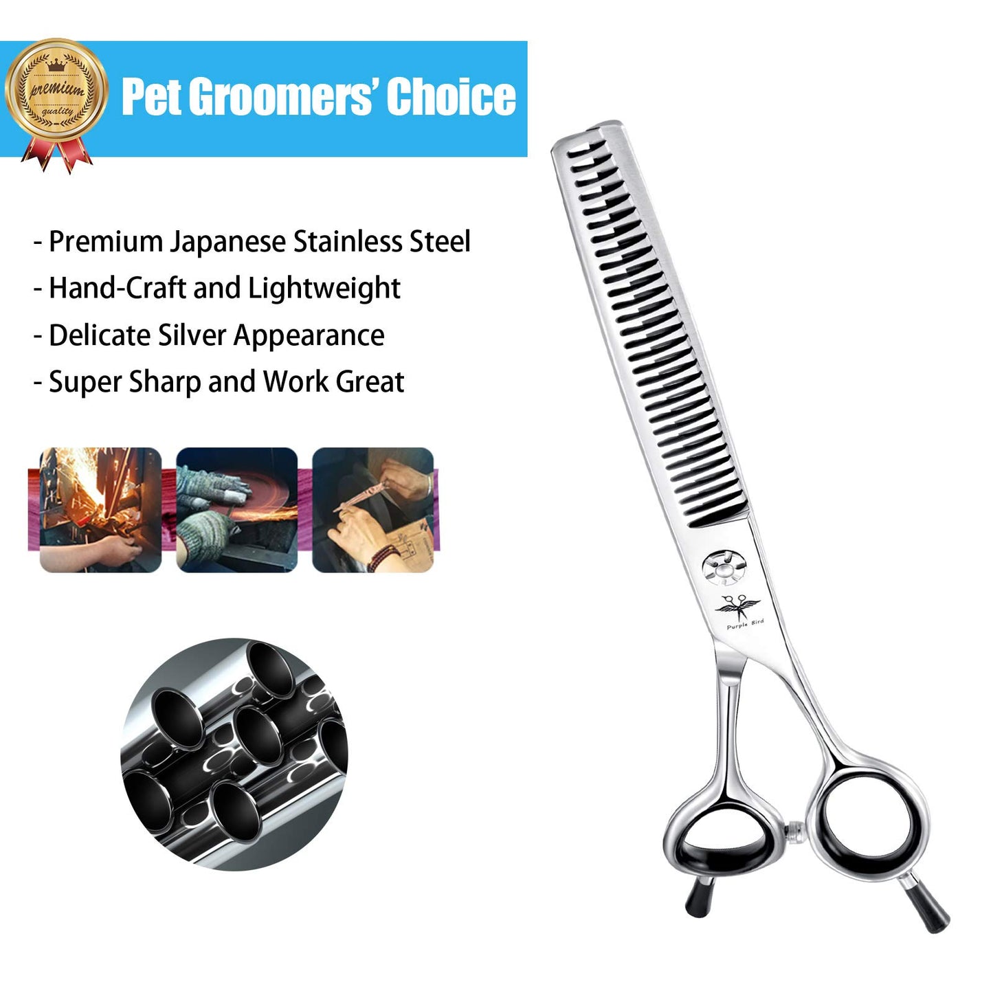 PURPLRBIRD 7 Inch Straight Dog Grooming Scissors Pet Thinning Texturizing Shears Professional Safety Blunt Tip Trimming Shearing for Dogs Cats Face Paws Limbs Japanese Stainless Steel Silver