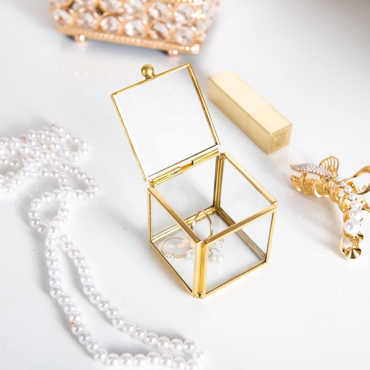 Feyarl Mini Glass Jewelry Trinket Box Ornate Small Ring Earring Display Box Treasure Chest Organizer Tiny Decorative Keepsake Case with Lid for Wedding Home Deco（2.16 x 2.16 x 2.16 Inch)