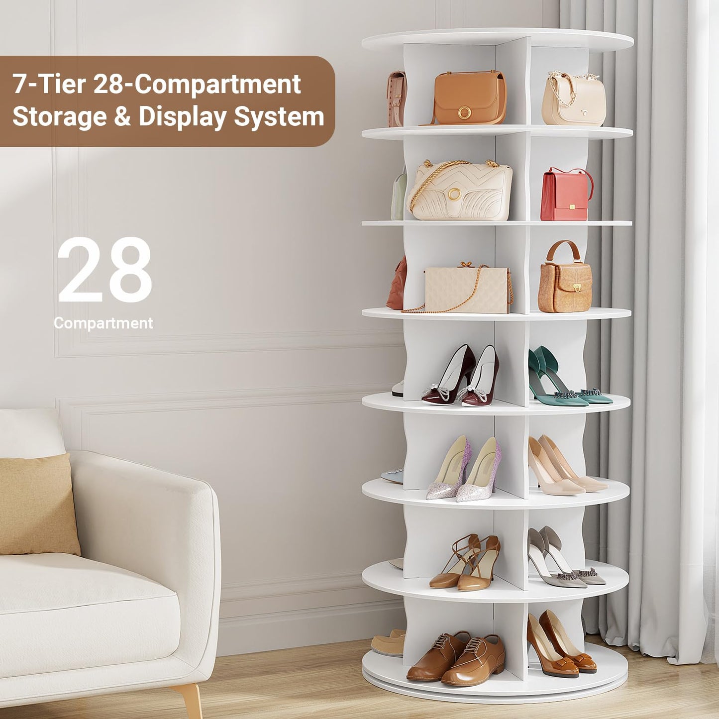 HOMETUK 5-Tier Rotating Standing Shelf Unit with Dividers, 360° Storage Display Tower Vertical Floor Organizer, for Bedroom, Closet, Entryway & Office, Ideal for Shoes, Cosmetics & Handbags, White