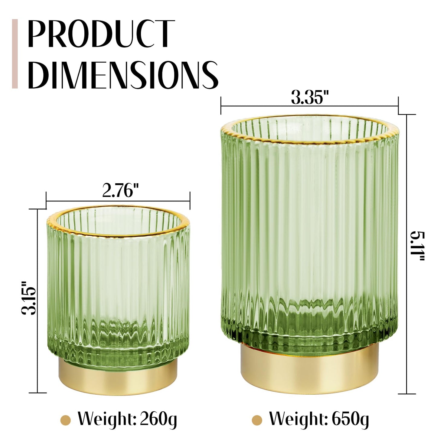 FullMeet Makeup Brush holder Organizer, Crystal Glass Toothbrush Holders, Striped Make Up Brush Holder for Vanity, Pen Holder for Desk, Vase -Green (S+L)