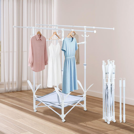 YrsFish Foldable Clothes Drying Rack,Double Rod Extendable 33.1–56.7 Inches,Drying Rack Clothing with Wheels,Sweater Drying Net,Shoes Drying Rack,Hat Hanger