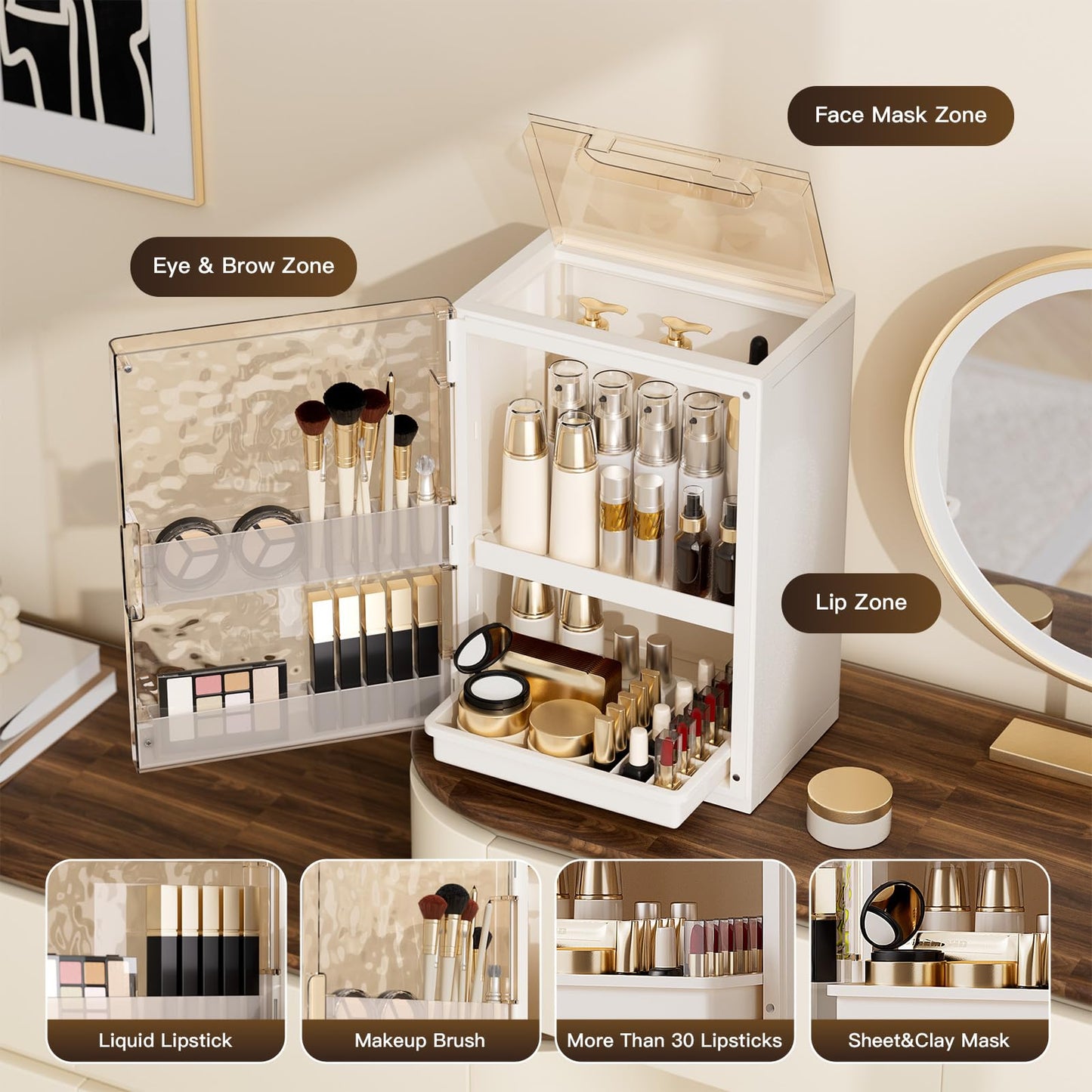 AERCIINC Makeup Organizer with Drawers and Lid, Large Skincare Organizer for Vanity, Dustproof Cosmetic Organizer and Makeup Storage Box with Brush Holder for Dresser, Bathroom Countertop