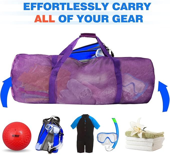Purple Heavy-Duty Large Mesh Sports Duffle Bag, Dry Bag, Diving Equipment Scuba Bag with Zipper. Great for Gym Workout, Sport Balls Storage, Scuba Gear, Snorkeling, Water Sports and Travel