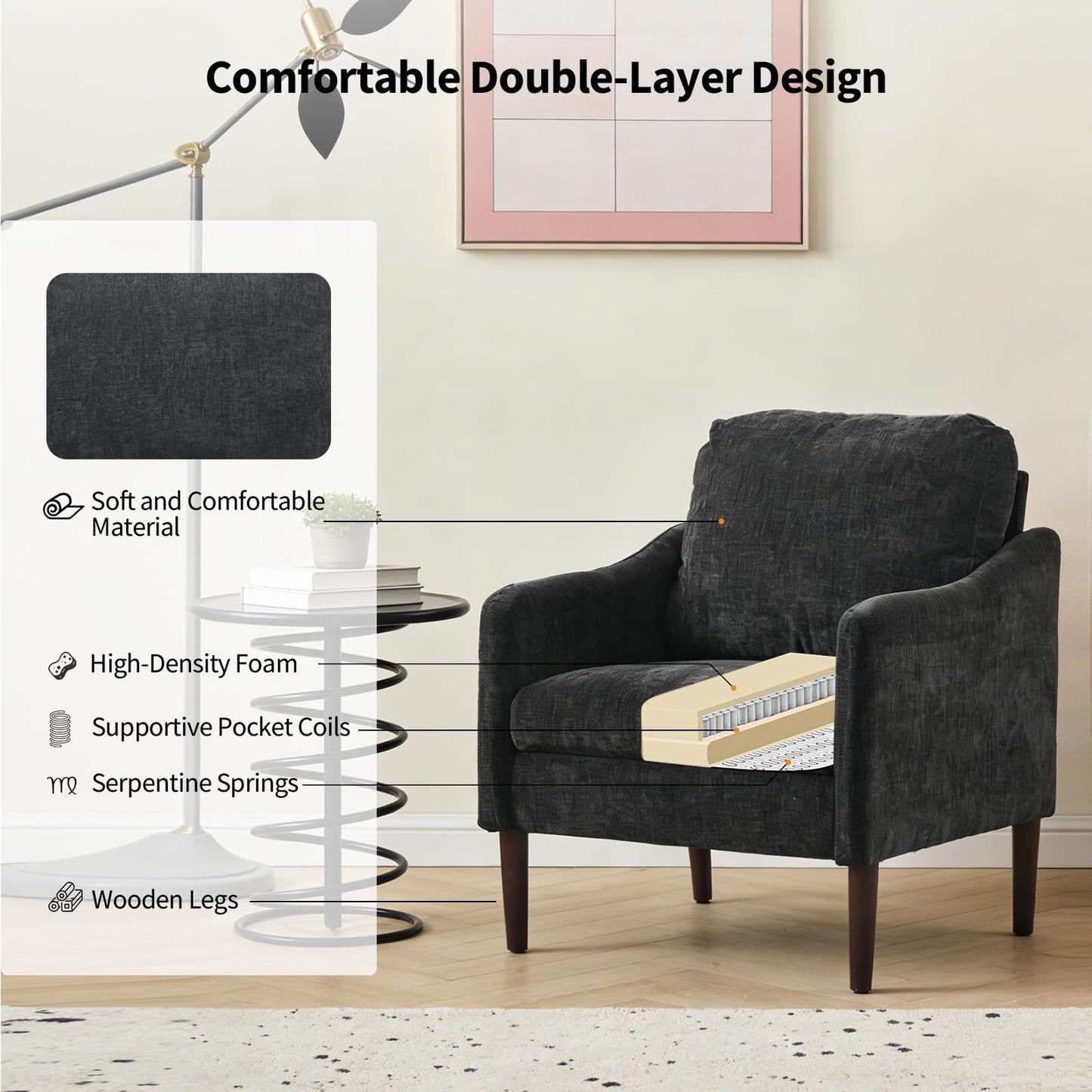 Mid-Century Modern Side Chair, Chenille Fabric Comfy Reading Chair for Adults, Curved Armchair, Modern Cloud Single Sofa Accent Chair for Bedroom, Living Room, Office & Waiting Room,Black
