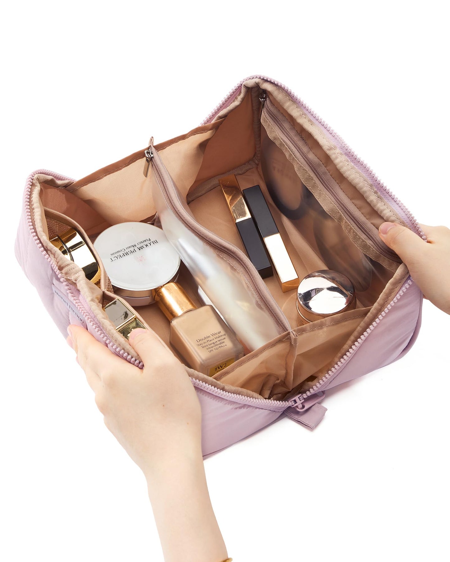 NISHEL Travel Makeup Bag for Women, Fluffy & Lightweight Open Flat Cosmetic Organizer with Multiple Functional Divider for Brush Independent Storage, Handle for Easy Portability, Peach-Pink