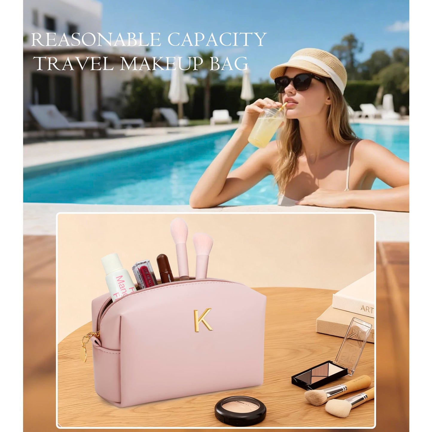 CLOUDWINGS Gifts for Women Bridesmaid Gifts Personalized Initial Makeup Bag PU Leather Cosmetic Waterproof Travel Toiletry Bag (Pink K)