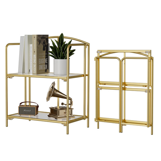 Crofy 2-Tier Foldable Bookshelf, Gold Frame & Transparent Shelves