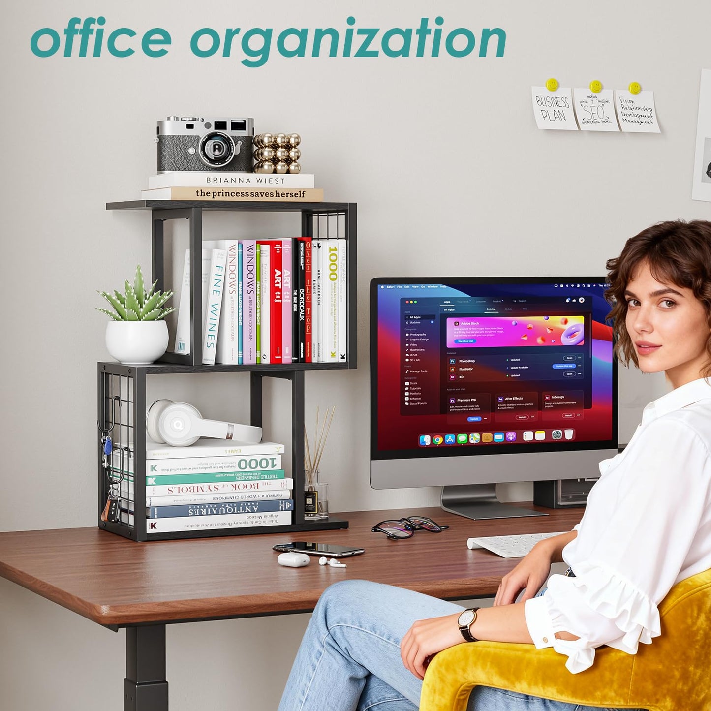 Vfelf Small Bookshelf Desk Organizer，3-Tier Shelf for Top of Desk Workspace Organizers for Office Accessories, Black