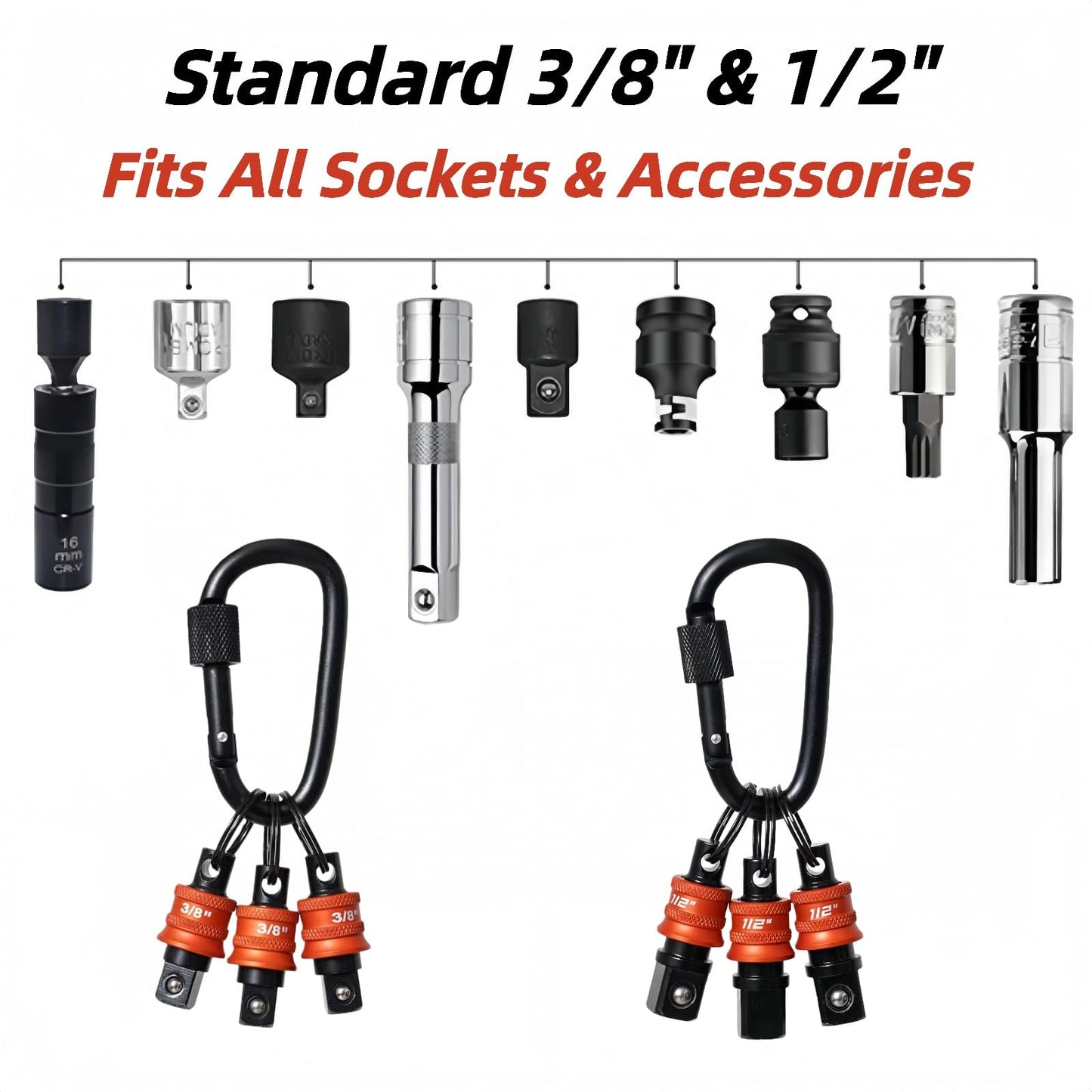 1/2" Socket Holder Keychain Set with Quick Release & Locking Clip, Bit Holder Key Chain Heavy-Duty Toolbox Organizer for Impact Wrench, Mechanics, Electricians & Construction Workers