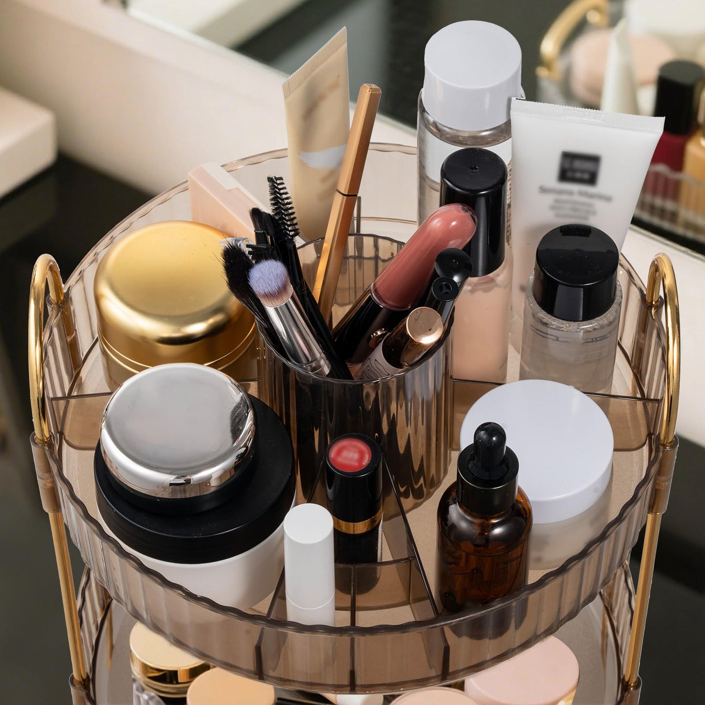 Fzebys 360 Rotating Makeup Organizer for Vanity,3 Tier Large Capacity Skincare Organizers,Bathroom Counter Organizer, transparent Spinning Perfume Organizer & Vanity Organizer (Gold-3 Tier)
