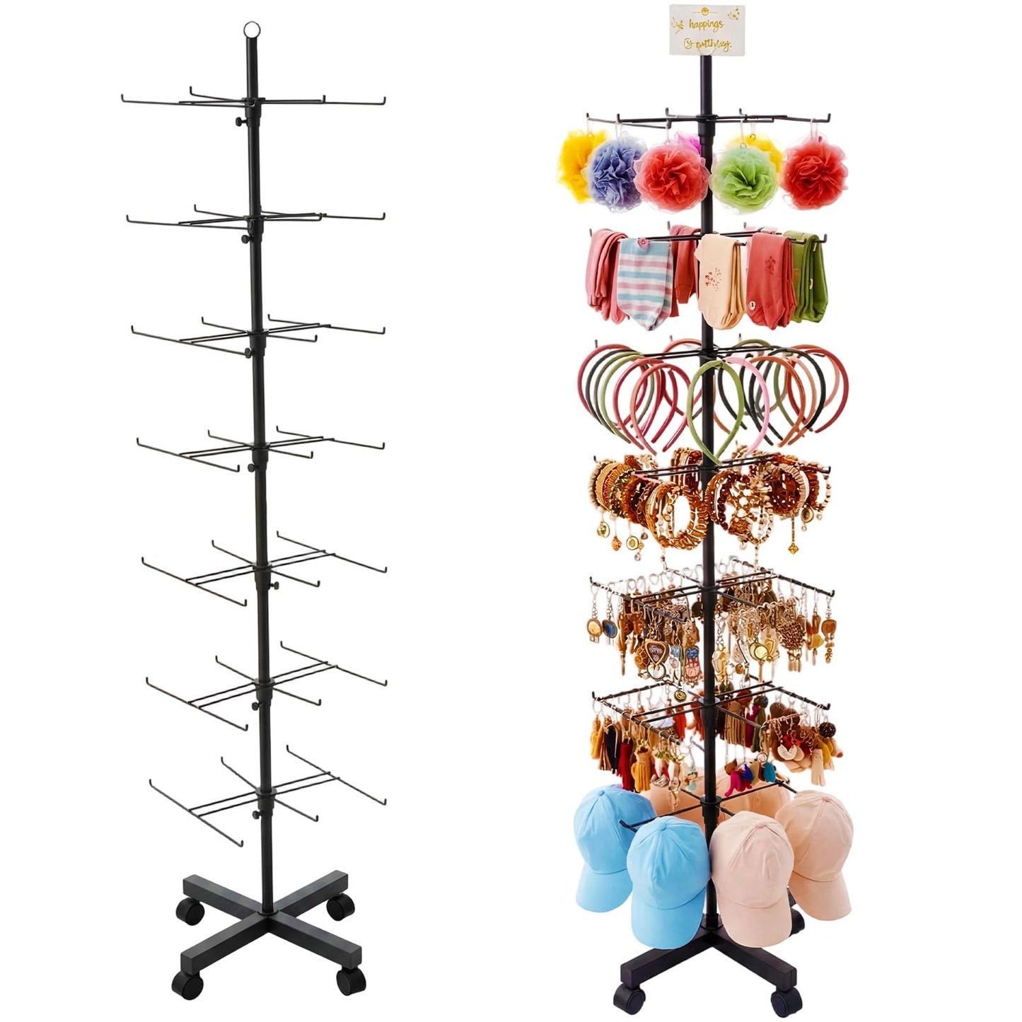 Ripeng 1 Pcs 7-Tier Rotating Display Stand with Wheels, Adjustable Spinning Display Rack for Jewelry Earrings Keychains Craft Shows Vendor Events, Black