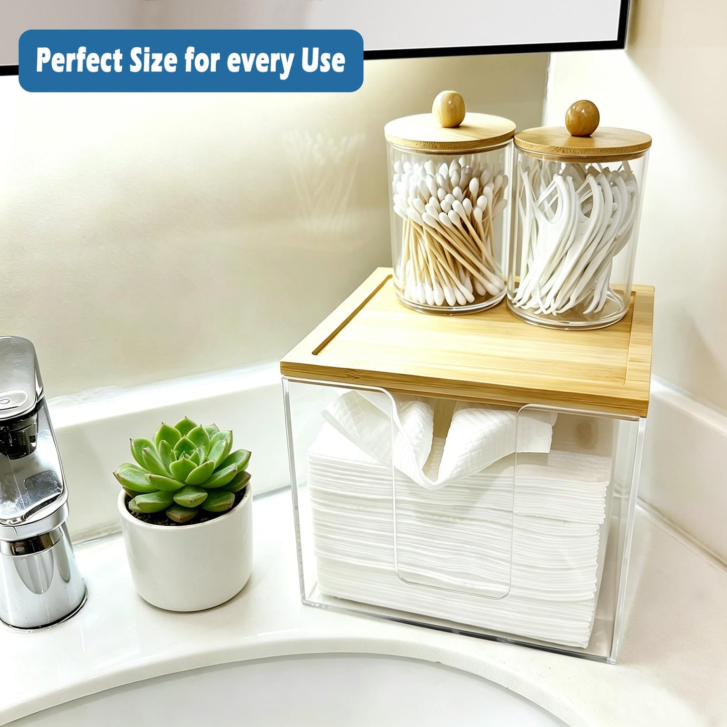 Anlanbor Disposable Face Towels Holder with 2 Qtip Holder Dispenser, Acrylic Facial Towel Container for Clean Face Towel XL, Clear Storage Box with Bamboo Lid for Bathroom, Vanity Counter Organizer