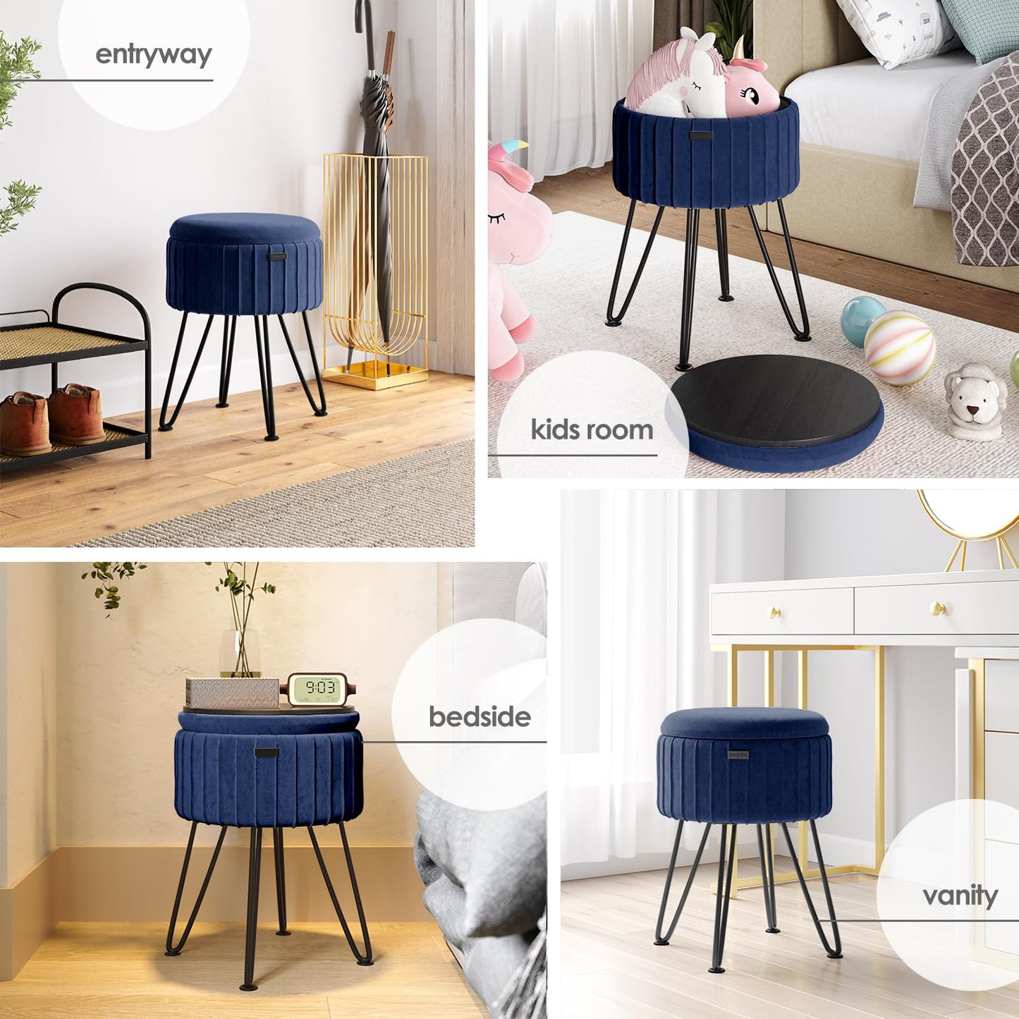 STORAGEBUD Round Ottoman with Storage, Pleated Velvet Storage Ottoman, Foot Stool Ottomans, Makeup Vanity Stool, Small Ottomans Foot Rest, Modern Vanity Stools for Living Room and Bedroom, Blue