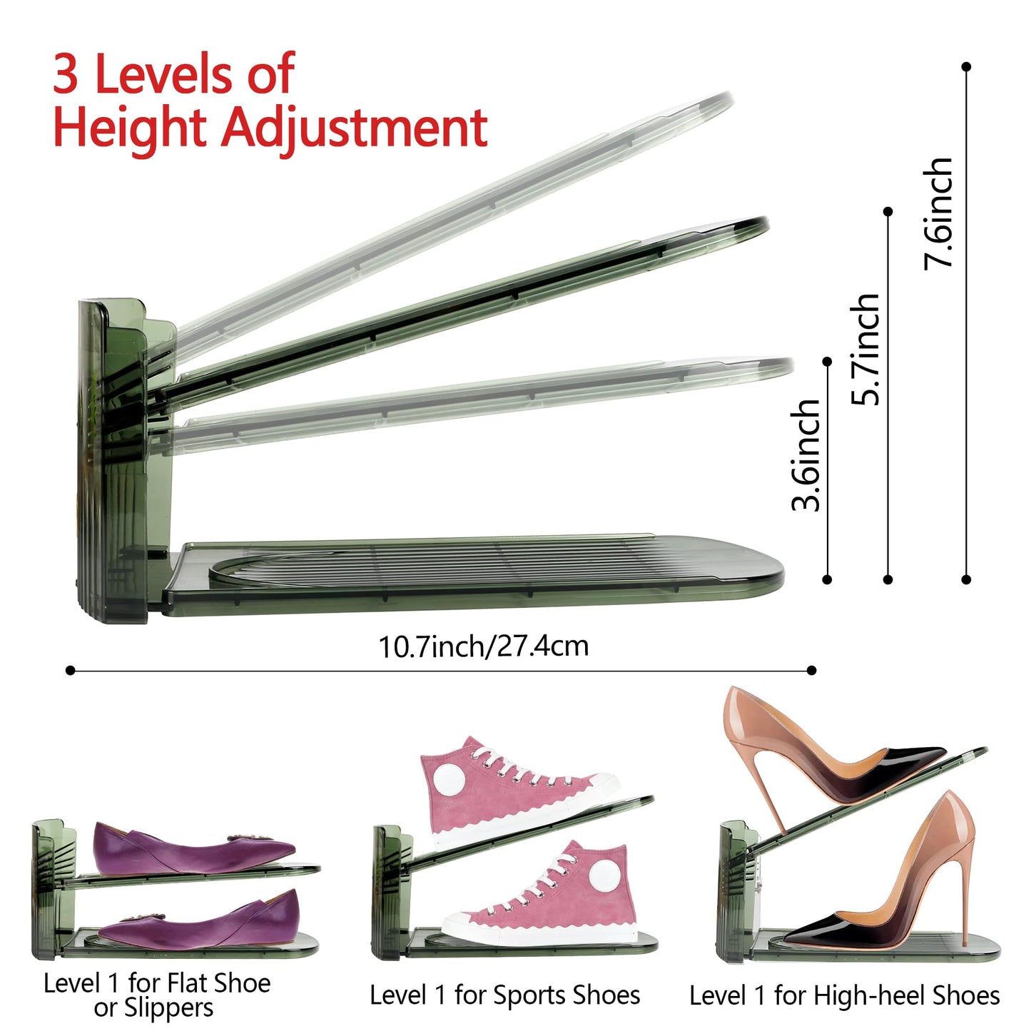 Yes!Fresh Shoe Slot Organizer, Boutique Display Style Shoe Stacker for A Pair of Shoes, Separable Shoe Rack for Closet Organization, 3 Adjustable Narrow Shoe Rack (Transparent Green, 4 Pack)