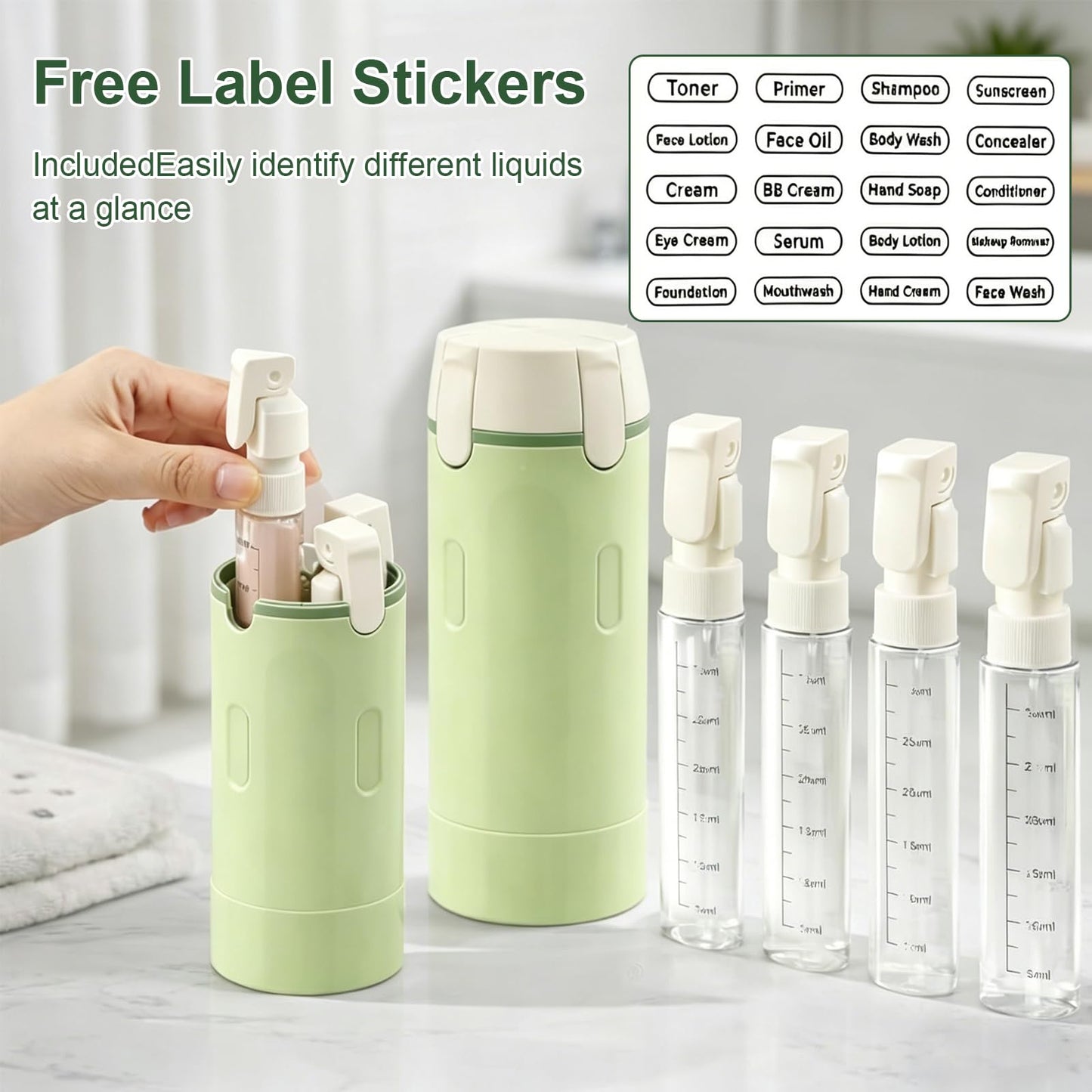 4 in 1 Refillable Travel Dispenser, Portable Travel Toiletries Bottle Set, Leak Proof Travel Size Liquid Containers, Reusable Empty Cosmetic Bottles for Vacation Business Trip Camping (Green)