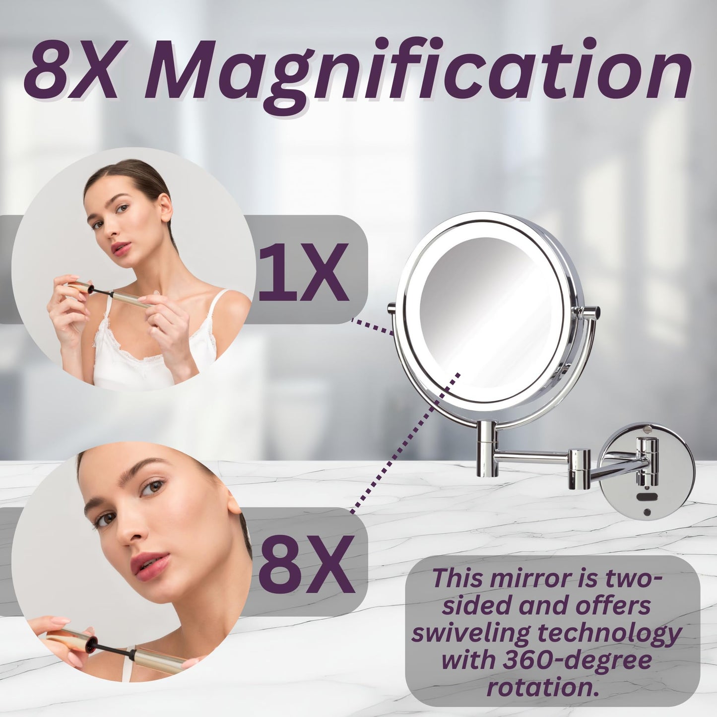 JERDON Sharper Image Wall-Mounted Lighted Motion Sensor Makeup Mirror - 8X-1X Magnification - 8.5-Inch Diameter Mirror Extends 14” - Chrome Finish - Comes with 8’ Charging Cord - Model JRT9500CL
