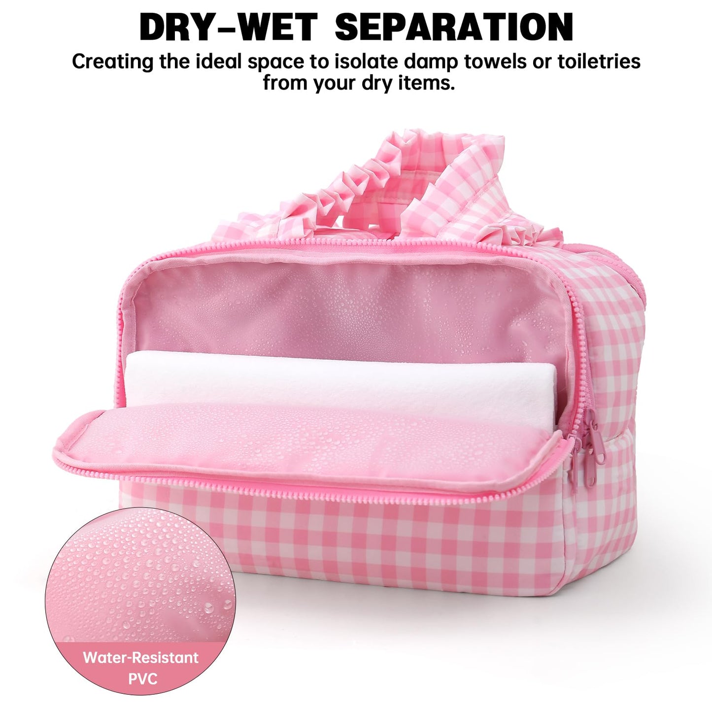 THOVSMOON Travel Toiletry Bag for Women,Water-resistant Large Gingham Makeup Cosmetic Organizer with Ruffles Handle for Traveling, Toiletries, Cosmetic, Essentials Accessories(Pink Gingham)