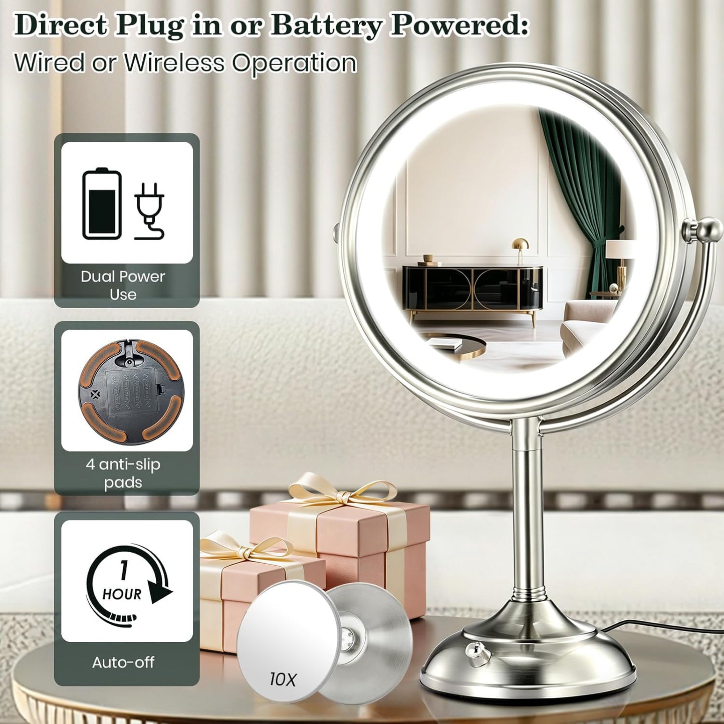 VESAUR 11.8" Extra Large 17" Tall Lighted Makeup Mirror, 1X/5X/10X 3-Sided Magnifying Mirror with 96 LEDs, 3 Color Dimmable Lights, 360° Swivel Dual Power Vanity Mirror, Nickel Finish Luxury Gift Box