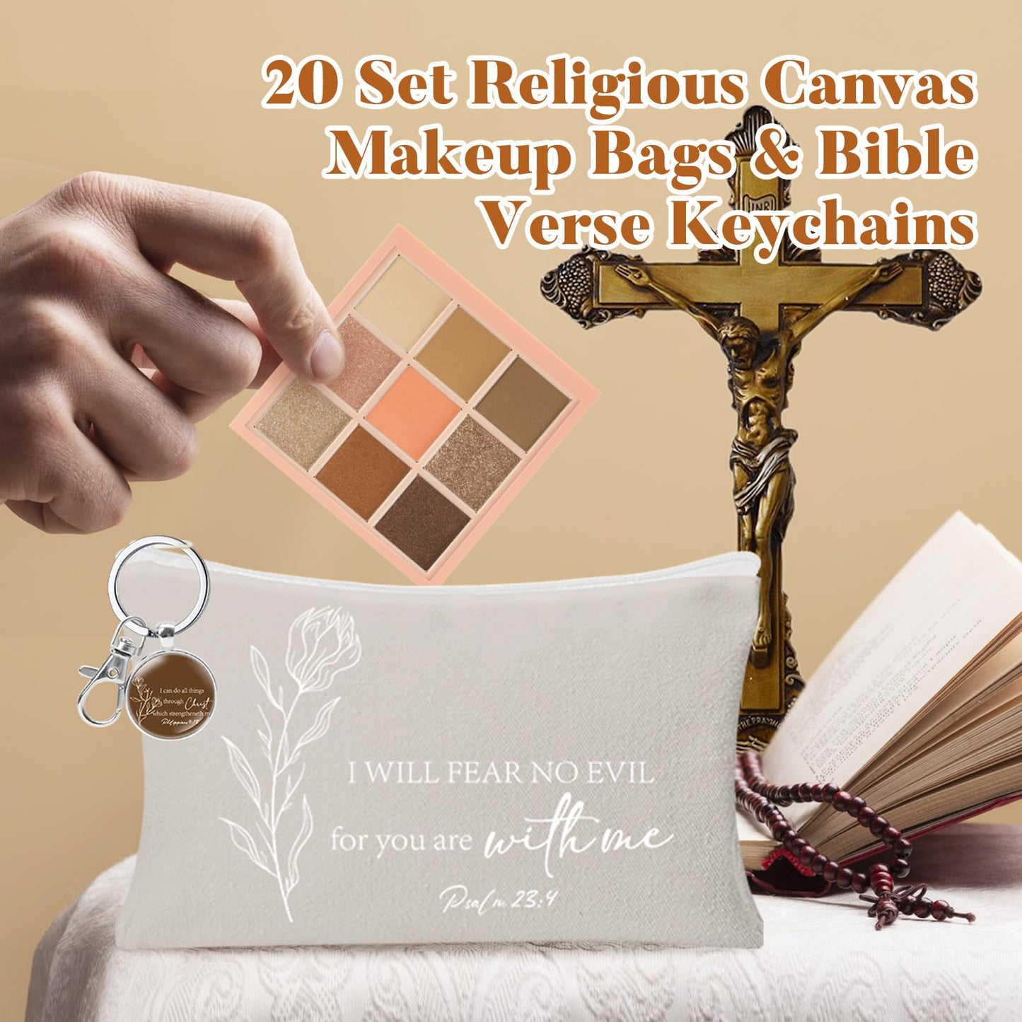 HSDSH 20 Pcs Christian Cosmetic Bags for Women Religious Gifts Canvas Pencil Pouch Makeup Bags with Bible Verse Keychains for Women Mother Employee Christmas Gift