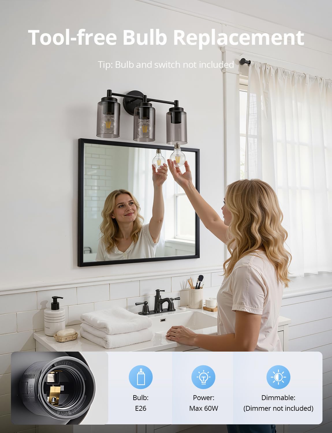 Combuh 3 Light Bathroom Light Fixtures Modern, Black Over Mirror Lamp