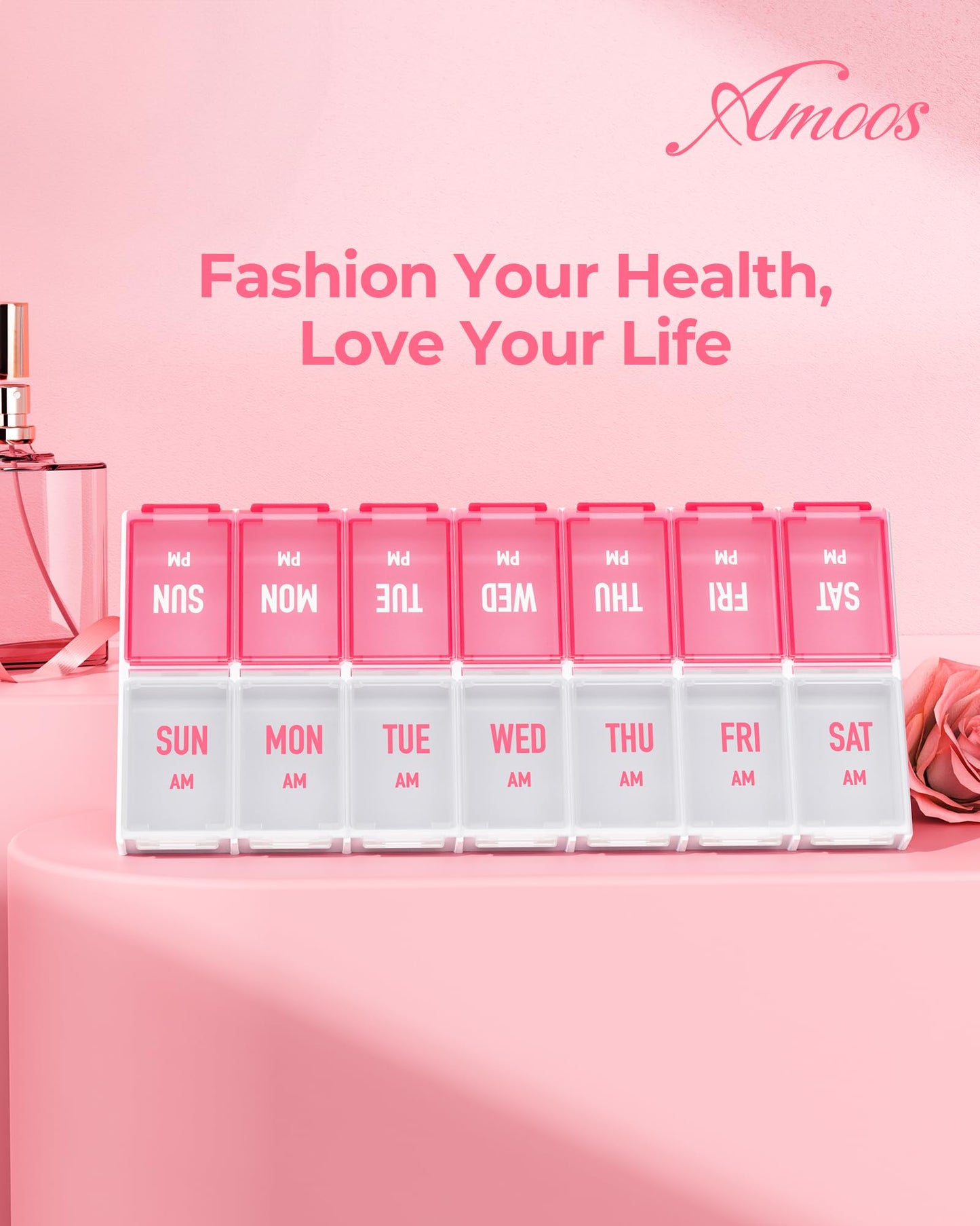 AMOOS Weekly Pill Organizer 2 Times a Day, Stylish Pill Box 7 Day AM PM with Large Compartments, Pill Case Easy to Use, BPA-Free Pill Container for Vitamins, Fish Oils, Supplements, Medicines, Pink
