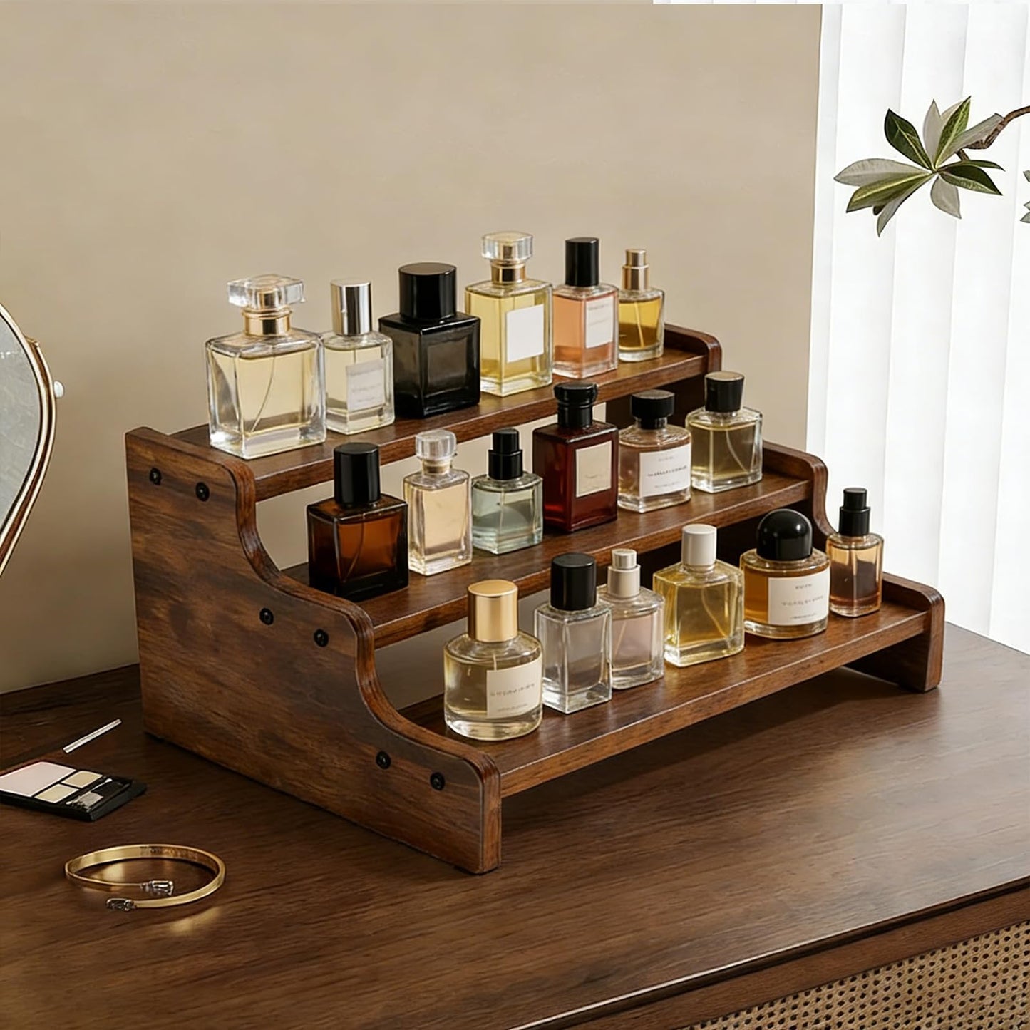 Cologne Organizer for Men, 3-Tier Wooden Perfume Organizer, Retro Style Makeup Organizer, Display Stand for Party, Makeup, Figures, Cupcake, Perfume, Dessert, Rounded Corner Anti-Collision, 13.8 in
