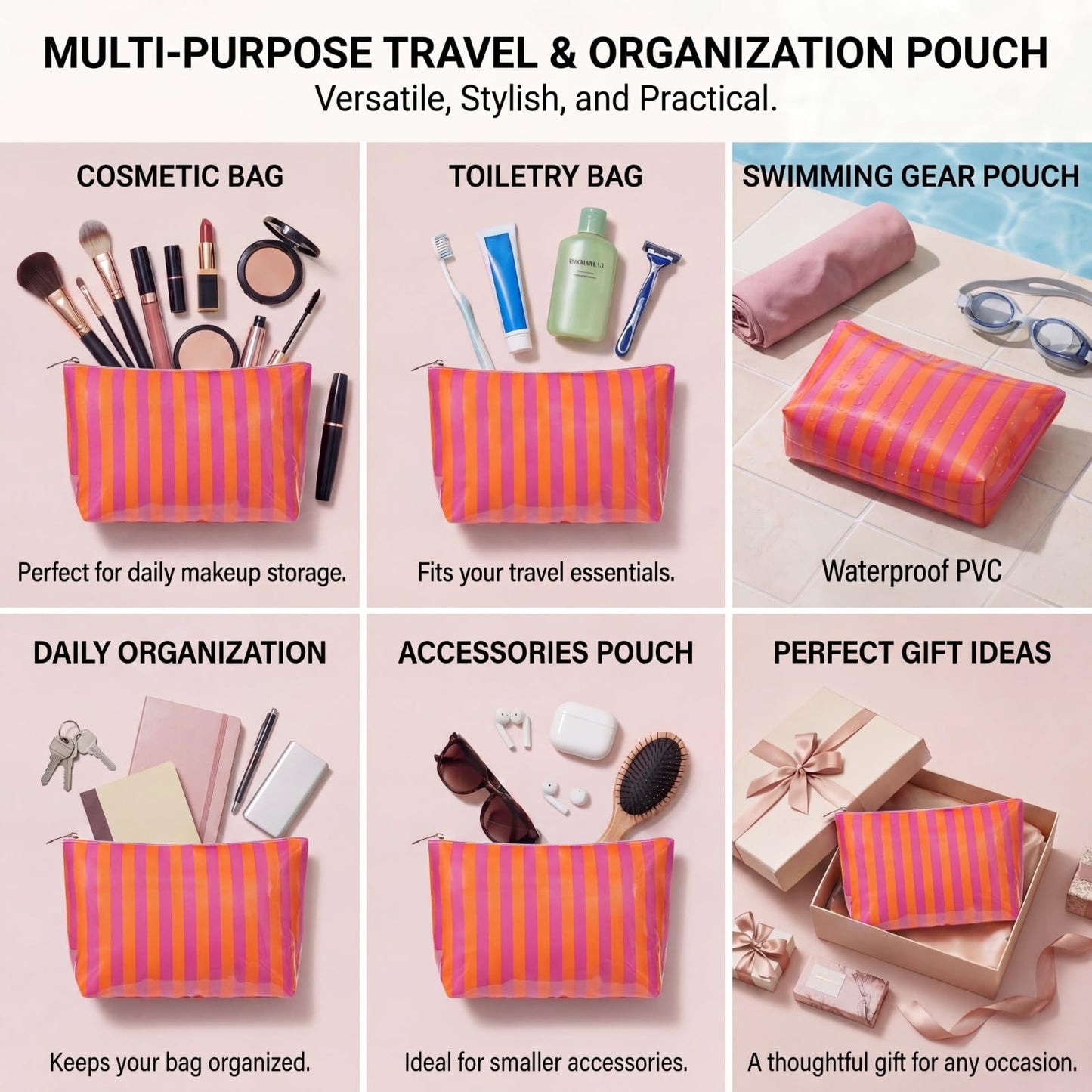 Lestikave Large PVC Waterproof Striped Makeup Bag,Clear Coated Cosmetic Bags,Easy to Clean,Travel Organizer Zipper Pouch Beach Vacation Essentials for Women Girls(11Orange Purple)