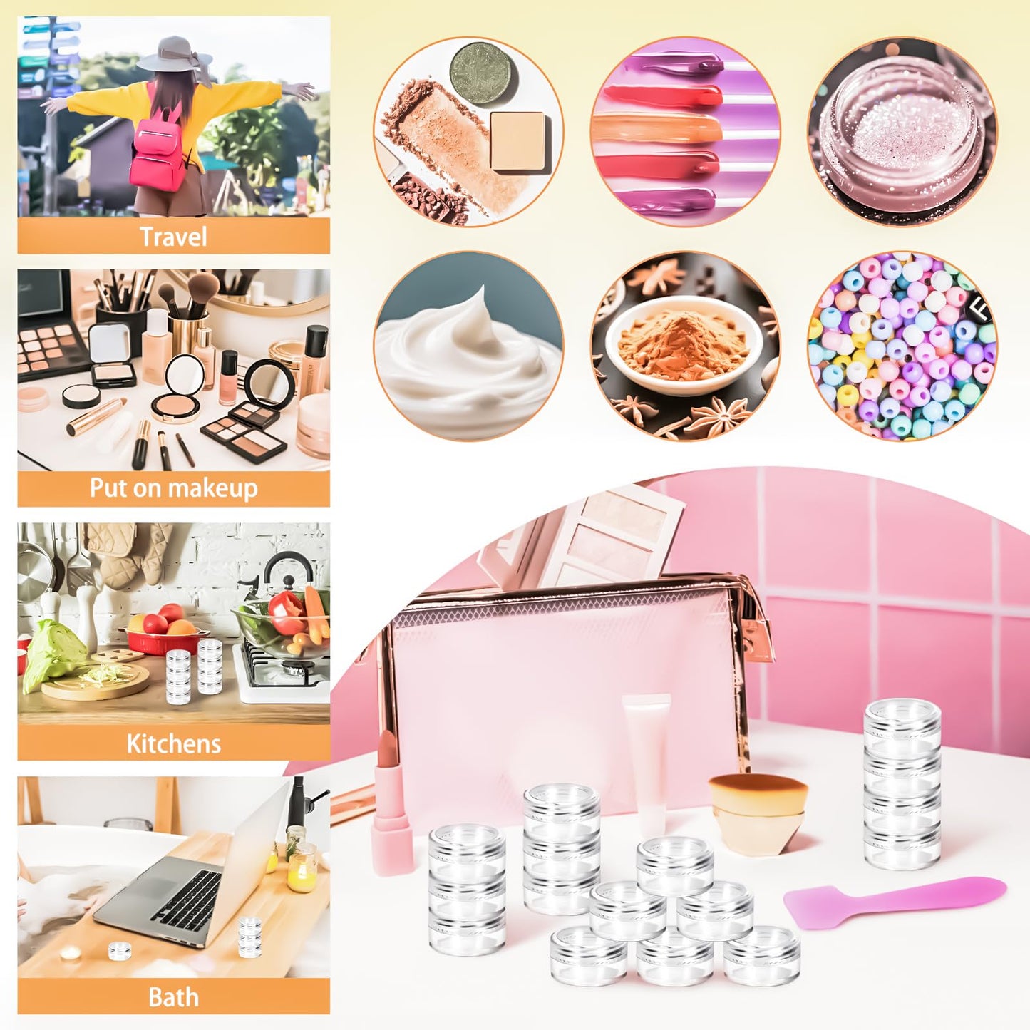 MotBach 200 Pack 5g Plastic Jars with Lids, 5ml Round Clear Cosmetic Containers Makeup Jars, 5gram Travel Size Container Jar with Spatulas for Makeup Sample Lotion Cream Ointment Salve Balm Powder