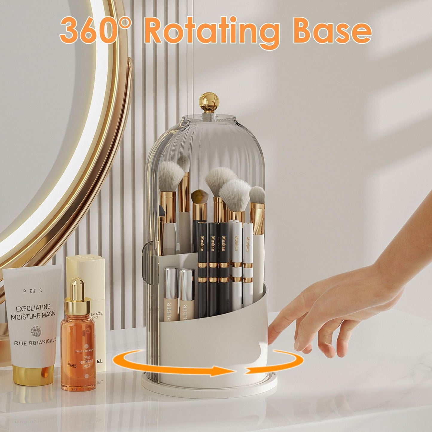 YOOLENS Makeup Brush Holder with Lid 360 Rotating Clear Dustproof Make Up Organizers for Vanity Bathroom Countertop, Gray