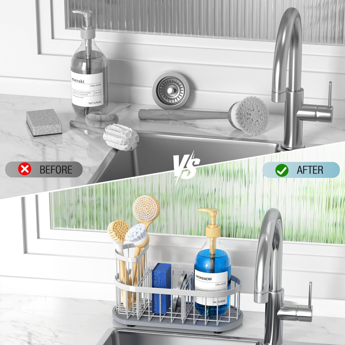 HOKEMOM Sponge Holder for Kitchen Sink with High Brush Holder, [Stay-Dry Anywhere & No Drainage Needed] Rustproof Stainless Steel Kitchen Sink Caddy Organizer with Water Absorbing Stone Tray, White