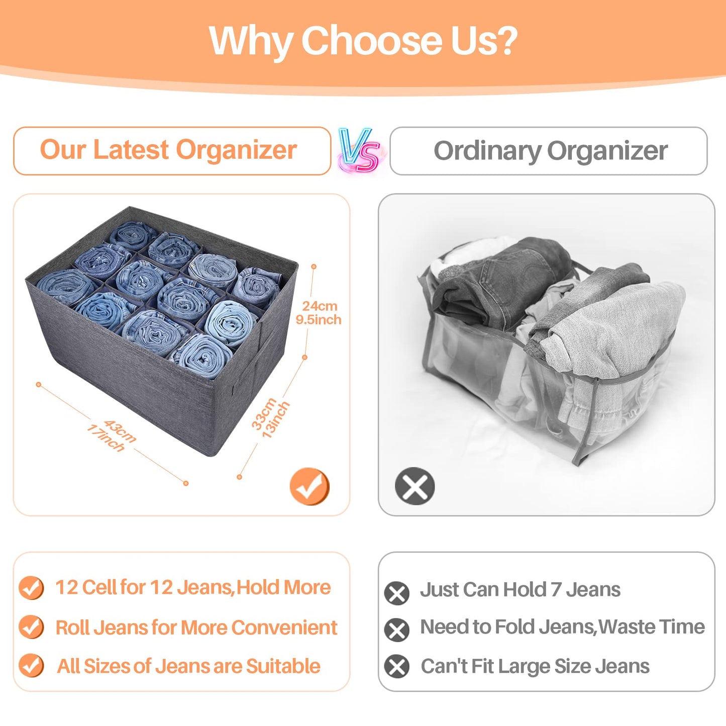 EASEVE 4Pcs Closet Organizers and Storage Bins for Clothes - 12 Cell Drawers Organizer Grid Storage Box for Jeans Pants Sweater T-shirts, Wardrobe Shelf Dividers Closets Organization