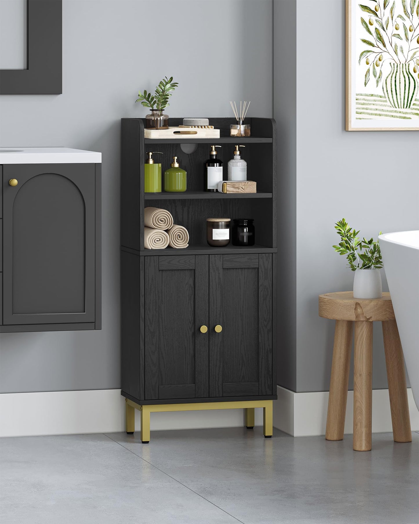 Hzuaneri Bathroom Storage Cabinet, Small Floor Cabinet with 2 Door and Shelves, Toilet Paper Cabinets, Bathroom Organizer with Adjustable Shelf, for Small Spaces Black,Square Door,7.1" Dx14.6 Wx32.7 H