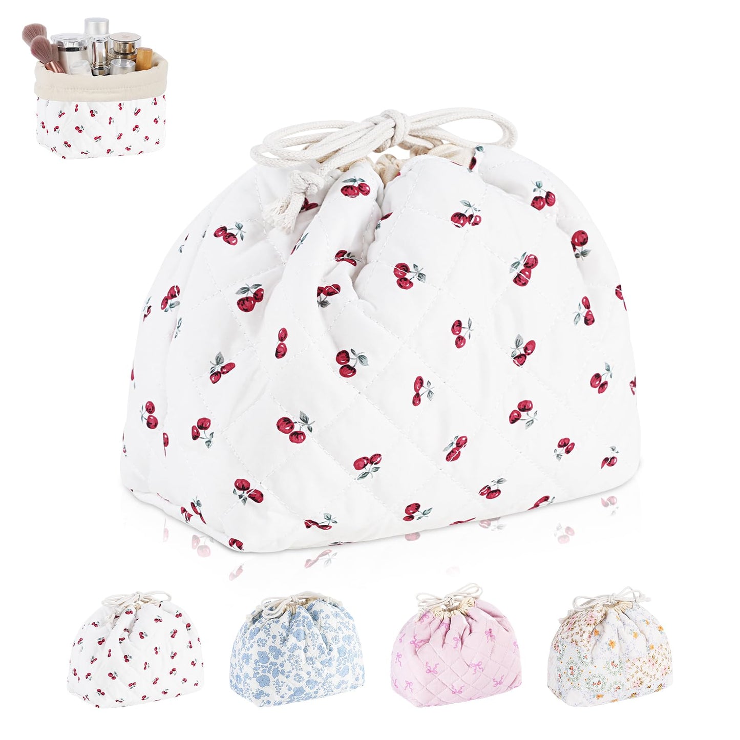 Playexen Quilted Drawstring Makeup Bag, Coquette Small Cosmetic Bag for Purse, Portable Cute Travel Makeup Pouch for Daily Use/Birthday/Party/Christmas (Cherry)