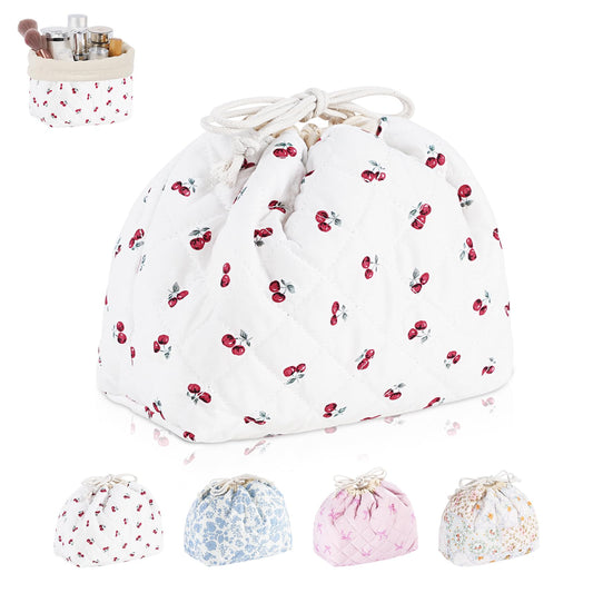 Playexen Quilted Drawstring Makeup Bag, Coquette Small Cosmetic Bag for Purse, Portable Cute Travel Makeup Pouch for Daily Use/Birthday/Party/Christmas (Cherry)