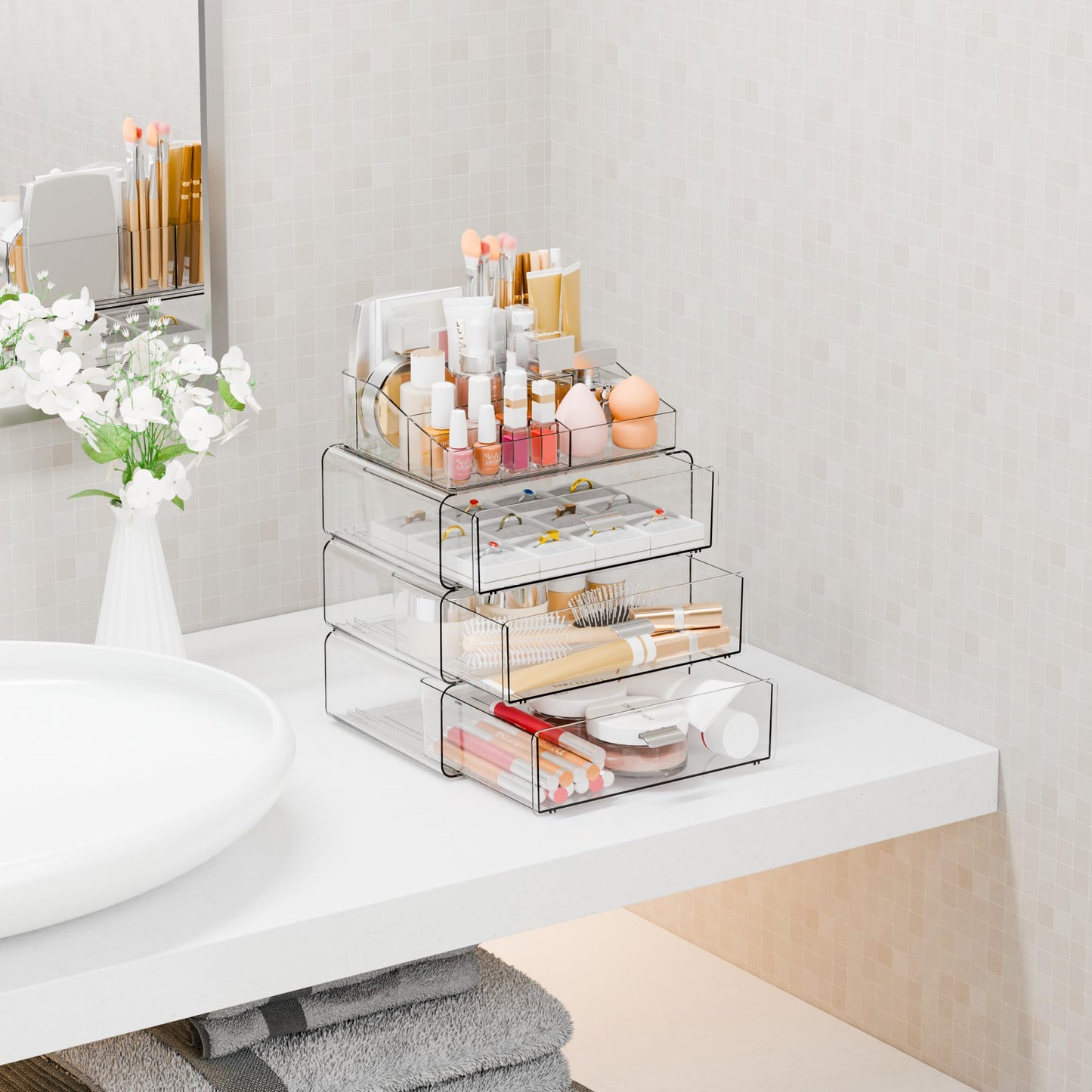 Yieach Clear Acrylic Makeup Organizers Countertop for Dresser,Desk,Bathroom Vanity,4 Tier Stackable Make up Holders and Makeup Cabinet,Tiered Cosmetic Storage and Make up Containers for Palette,Brush