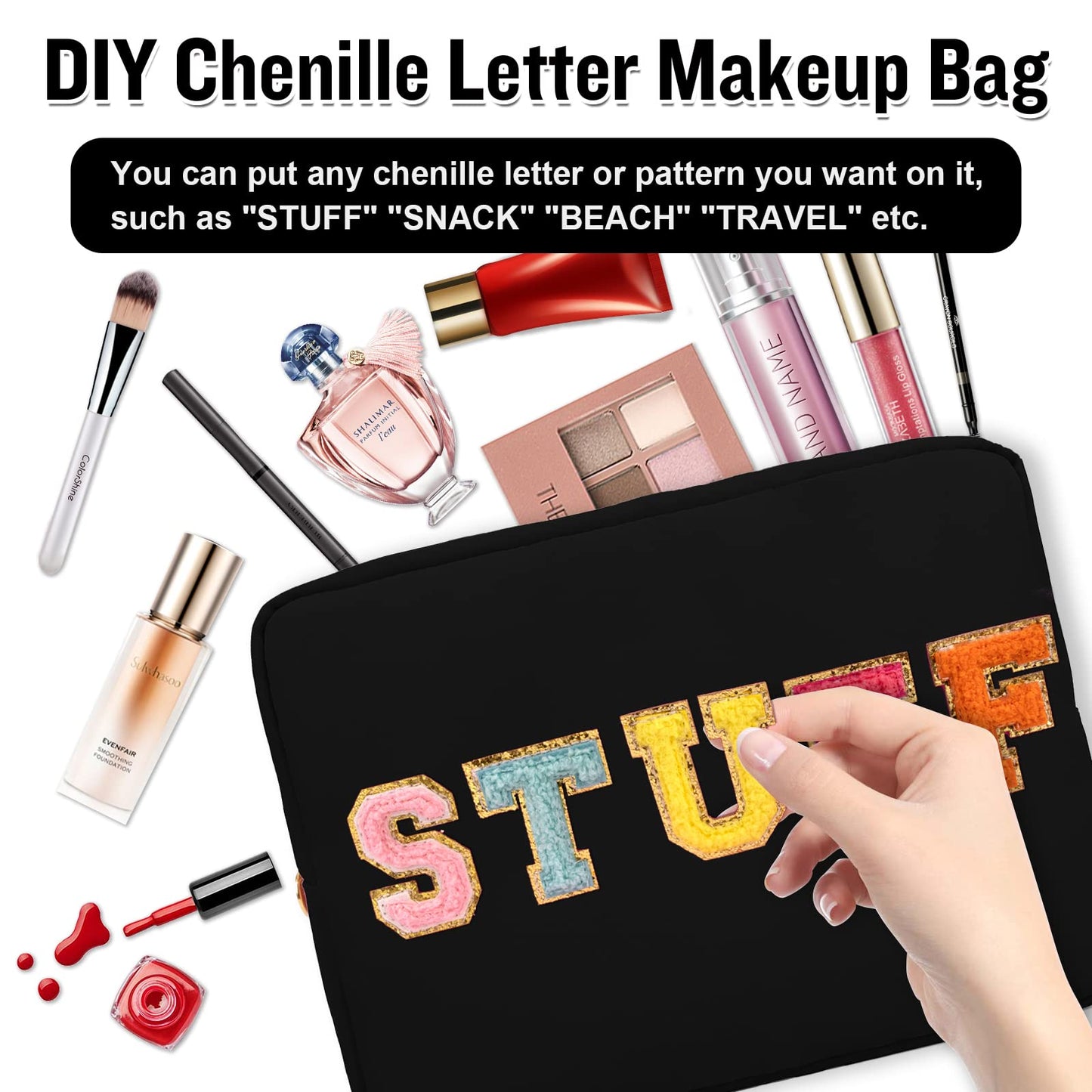 Nylon Large Makeup Bag Travel Pouch for Women, Preppy Big Black Makeup Bag Cute Cosmetic Zipper Pouch Purse, DIY Chenille Letter Bag Waterproof Toiletry Bag Clutch Make Up Organizer for Girls(Black)