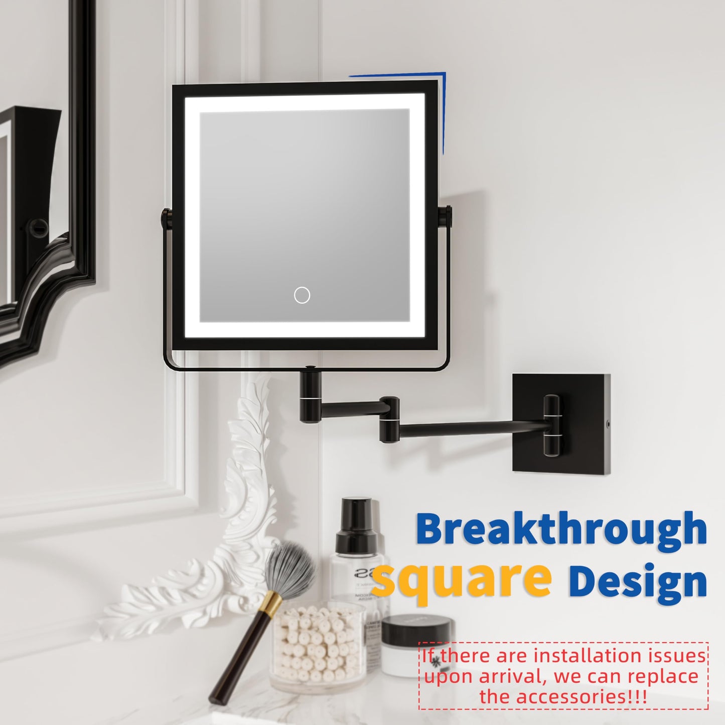Ruacq Rechargeable Wall Mounted Makeup Mirror with Lights, Double Sided 1X/20X Magnifying Vanity Mirror with 3 Color Lighting, Touch Screen Dimmable, 360° Rotation Extension Foldable Arm(Matte Black)